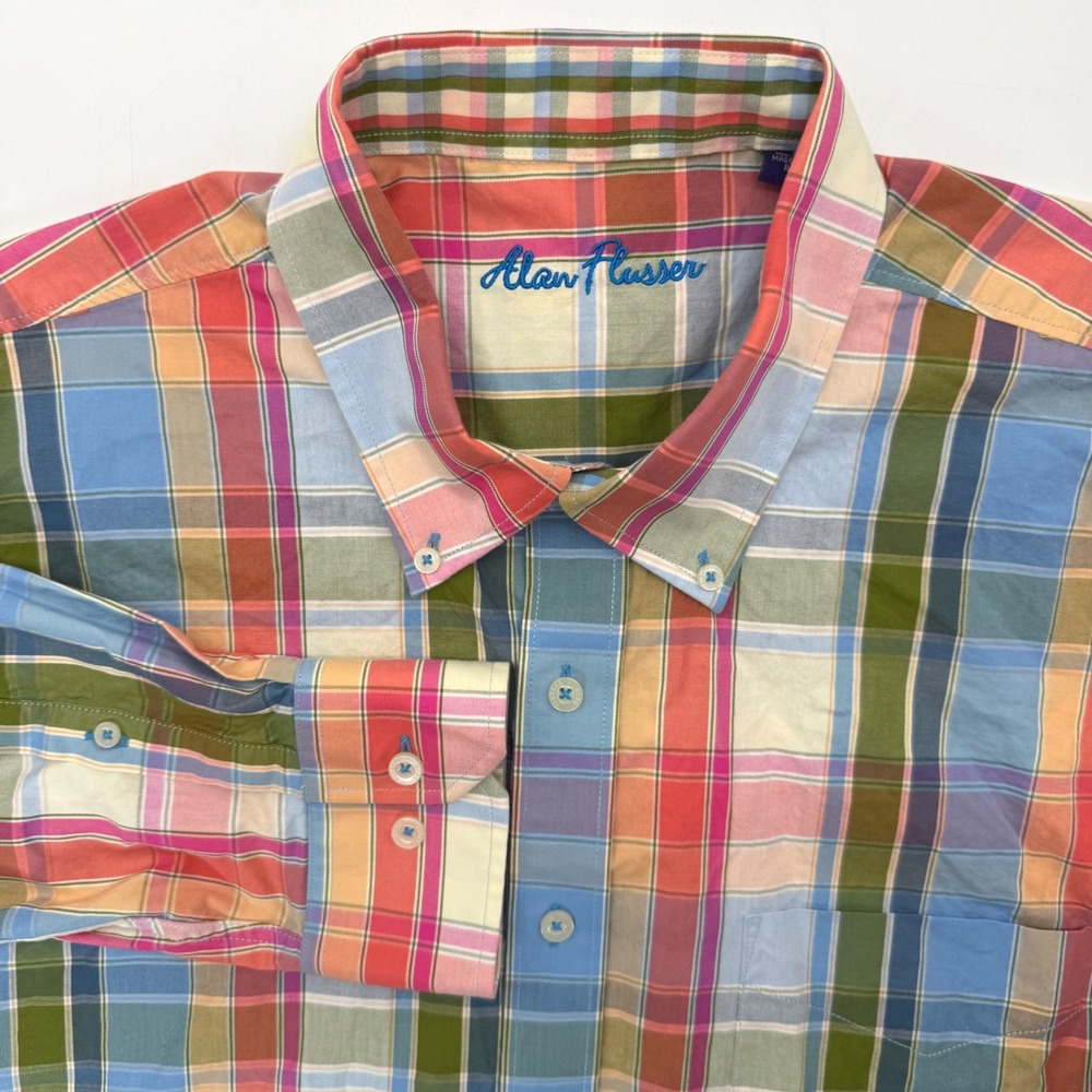 Alan Flusser Button Down Shirt Mens XL Multicolor Plaid Cotton Long Sleeve 5992